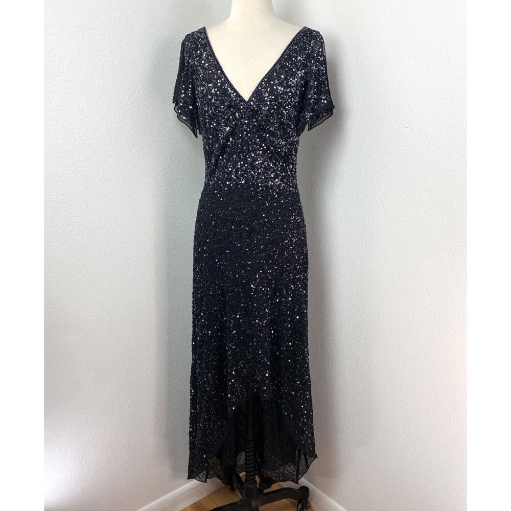 Vintage Black Bead Sequin Maxi Evening Dress Size 6 Short Flutter Sleeves High-L